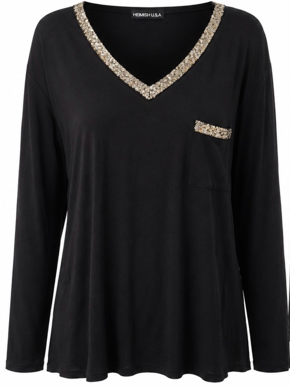 HEIMISH USA Black Long Sleeve V-Neck Top with Gold Sequin Trim